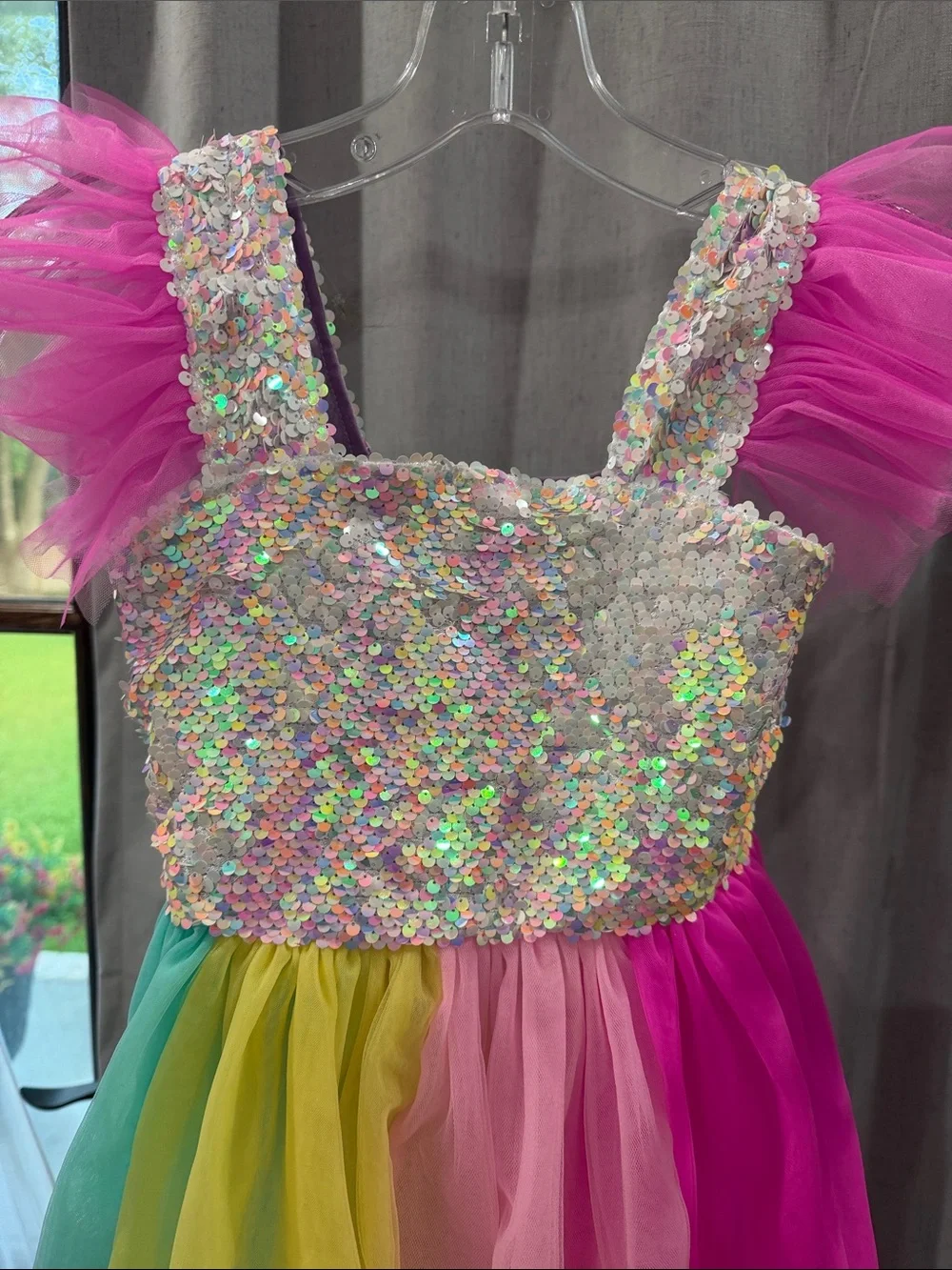 Sequin Rainbow Tulle Party Dress - Pink, Aqua, Yellow